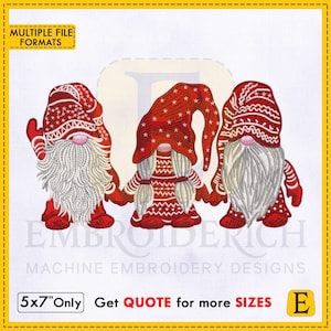 May include: Three embroidered gnomes in red with white accents, holding hands. Each gnome has a long white beard and a pointed hat. The image includes the text "EMBROIDERICH MACHINE EMBROIDERY DESIGNS" and "5x7"Only Get QUOTE for more SIZES".