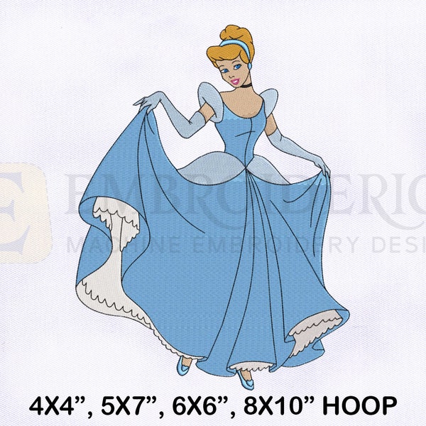 Cinderella Showing Her Dress Embroidery Design, Princess Embroidery Designs, Cinderella Embroidery Design, 4 Sizes Machine Embroidery Design