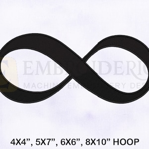 May include: Black infinity symbol embroidery design, available in 4x4, 5x7, 6x6, and 8x10 hoop sizes.