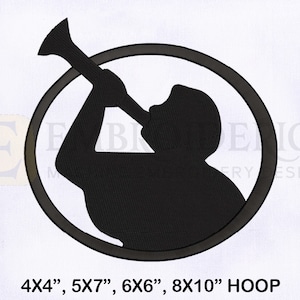 May include: Black silhouette of a person blowing a trumpet inside a circle. The image is for embroidery designs and is available in 4x4, 5x7, 6x6, and 8x10 hoop sizes.