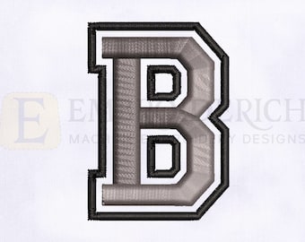 May include: A varsity-style letter "B" patch in gray and black, with a textured appearance. The letter is outlined in black and has a three-dimensional effect, suitable for apparel or crafts.