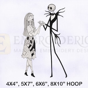 May include: Black and white line art embroidery design of Jack Skellington and Sally from the Nightmare Before Christmas movie. The design is suitable for 4x4, 5x7, 6x6, and 8x10 inch embroidery hoops.