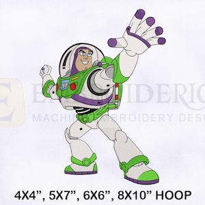 May include: An embroidery design featuring a space ranger character in a white, green, and purple suit with a clear helmet, one arm extended forward. Text below reads 4X4", 5X7", 6X6", 8X10" HOOP. The background includes a faint logo with the text EMBROIDERICH.