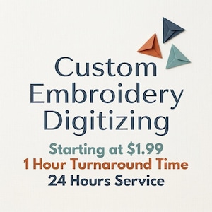 May include: A graphic design featuring the text Custom Embroidery Digitizing, Starting at $1.99, 1 Hour Turnaround Time, and 24 Hours Service. Three small, folded triangular paper shapes in dark blue, orange, and light blue are positioned at the top right.