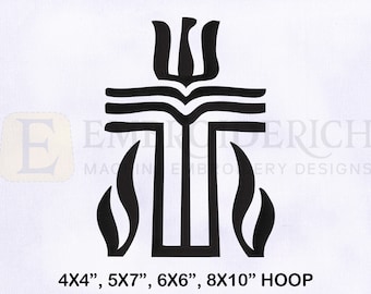 May include: Black and white embroidery design of a cross with flames on either side. The cross has three horizontal lines and a flame-like symbol at the top. The text "4X4", "5X7", "6X6", and "8X10" HOOP" is at the bottom of the image.