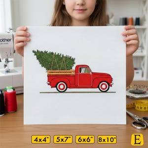 Christmas Tree In Vintage Red Truck Embroidery Design, Christmas Embroidery Design, 4 Sizes Embroidery Designs, Vintage Red Truck EMB Design