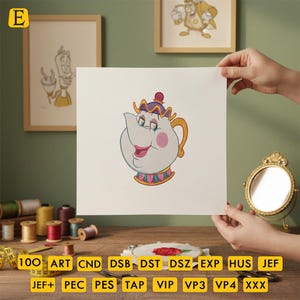 Beauty And The Beast Mrs. Potts Embroidery Design, Mrs. Potts Embroidery, Beauty And The Beast Embroidery Design, 4 Sizes Embroidery Designs