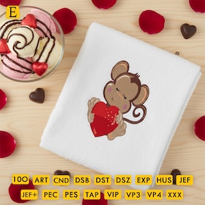 Baby Affe Hält Herz Stickdatei | 4 Größen-Stickerei-Design | Valentinstag-Stickerei-Designs | Baby Äffchen, Stickdatei
