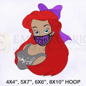 Ariel Mermaid Wearing Mask Machine Embroidery Design, Ariel Embroidery Design, Mermaid Embroidery Design, 4 Sizes Machine Embroidery Designs