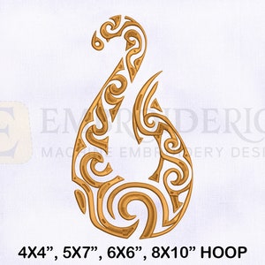 May include: A gold-colored embroidery design of a traditional Maori fish hook, known as a 'hei matau', with intricate swirling patterns. The design is suitable for embroidery hoops measuring 4x4 inches, 5x7 inches, 6x6 inches, and 8x10 inches.