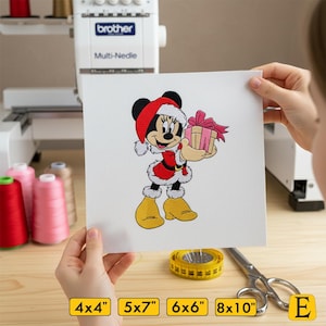 Diseño de bordado navideño de Minnie Mouse, diseños de bordado navideños, diseños de bordado en 4 tamaños, diseño de bordado de Minnie Mouse