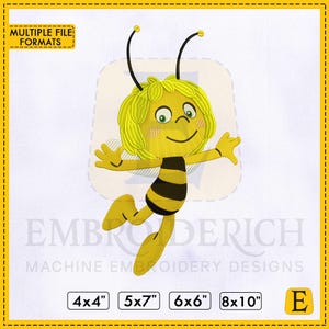 May include: A yellow and black cartoon bee embroidery design with a smiling face and outstretched arms. The design includes the text "MULTIPLE FILE FORMATS" and size options: 4x4", 5x7", 6x6", and 8x10".