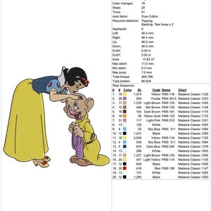 May include: A 4x4 inch embroidery design featuring Snow White and a small yellow character with a bag. The design includes 13 colors and 15,269 stitches. The design is for a machine embroidery hoop.