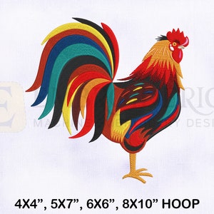 May include: Colorful embroidered rooster design for machine embroidery. The rooster has a red comb and wattle, a yellow beak, and a multi-colored tail. The design is suitable for 4x4, 5x7, 6x6, and 8x10 inch embroidery hoops.