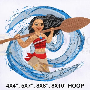 Moana Holding Oar With Water Background Embroidery Design, Moana Holding Oar Embroidery Design, Moana Embroidery, 4 Sizes Embroidery Designs