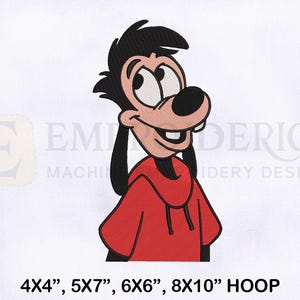 May include: An embroidered design featuring a cartoon character with black hair, a black nose, and a red hoodie. The design is available in 4x4", 5x7", 6x6", and 8x10" hoop sizes. The character is smiling.