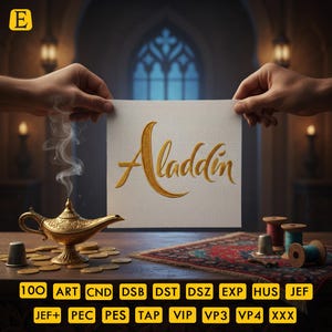 Diseño de bordado a máquina del logotipo de Aladdin, diseños de bordado de logotipos, diseño de bordado de Aladdin, diseños de bordado a máquina en 4 tamaños, diseños EMB