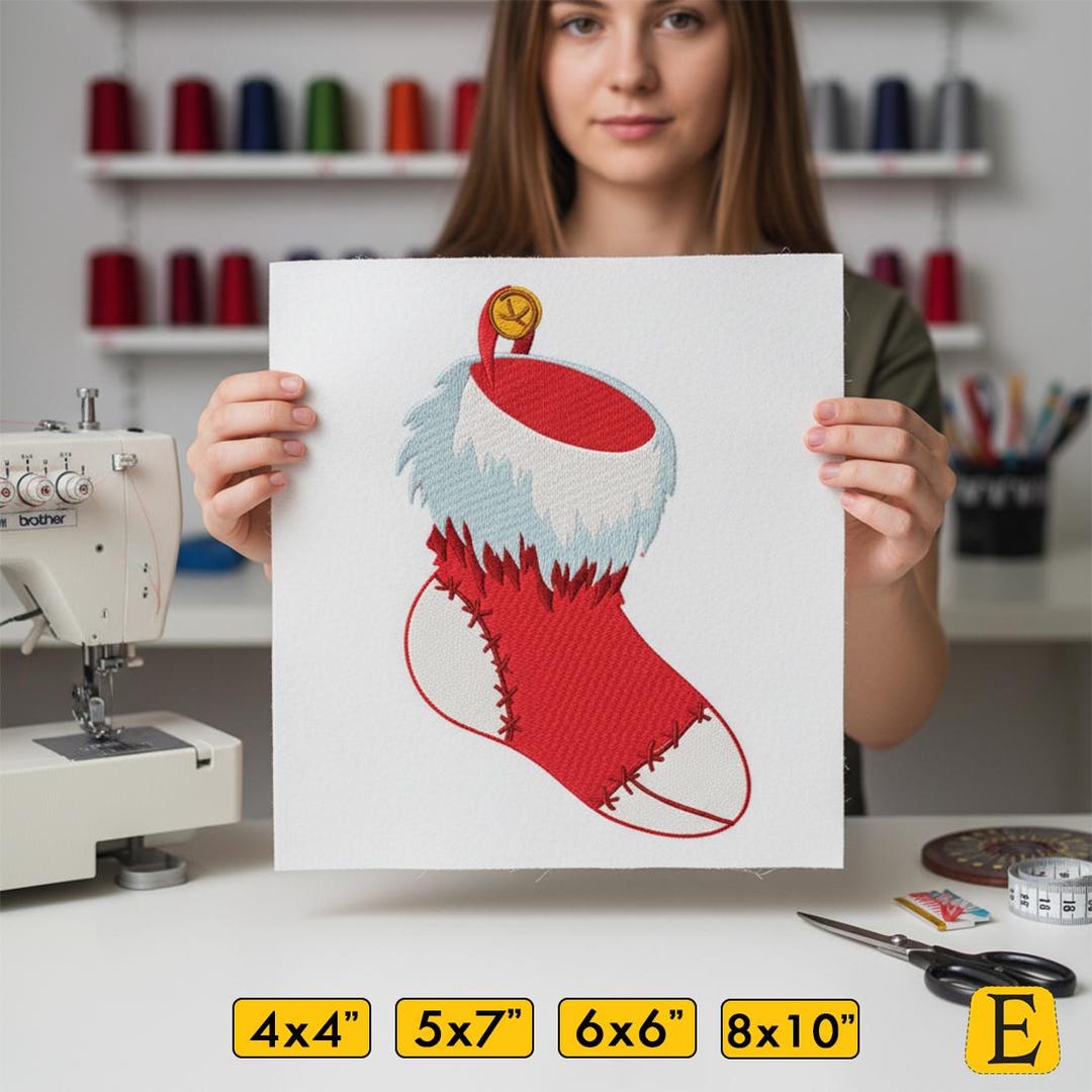 Red Christmas Stocking Machine Embroidery Design, Christmas