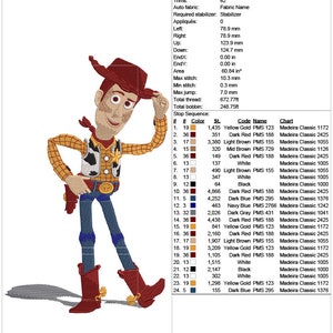 Puede incluir: Un dise&ntilde;o de bordado de 8x10 pulgadas de Woody de Toy Story. El dise&ntilde;o presenta a Woody con su ic&oacute;nico atuendo de vaquero, completo con un chaleco rojo, pantalones vaqueros azules, un sombrero marr&oacute;n y una estrella de sheriff amarilla. El dise&ntilde;o est&aacute; compuesto por 9 colores diferentes e incluye una tabla de colores con los nombres y n&uacute;meros de los hilos.