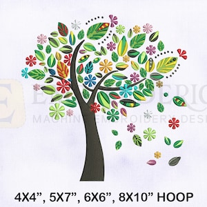 Puede incluir: Diseño de bordado colorido de un árbol con hojas y flores. El diseño está disponible en tamaños de aro de 4x4, 5x7, 6x6 y 8x10 pulgadas.