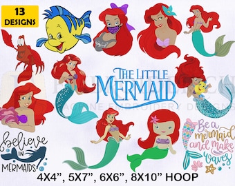 The Little Mermaid Embroidery Designs Bundle, 4 Sizes EMB Designs, Mermaid Embroidery Designs Mermaid Ariel, Flounder, Sebastian Embroidery