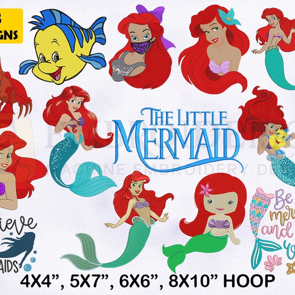 The Little Mermaid Embroidery Designs Bundle, 4 Sizes EMB Designs, Mermaid Embroidery Designs Mermaid Ariel, Flounder, Sebastian Embroidery
