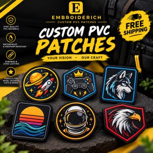 May include: Six custom PVC patches featuring various designs including a rocket with a planet, a game controller with a crown, a wolf head, a sunset over waves, an astronaut helmet, and an eagle head, all displayed on a dark textured surface.