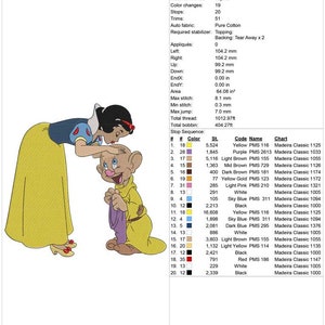 May include: An 8x10 inch embroidery design of Snow White and a dwarf from the Disney movie Snow White and the Seven Dwarfs. The design is in color and includes a color chart with thread colors and DMC numbers.