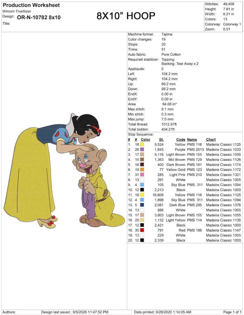 May include: An 8x10 inch embroidery design of Snow White and a dwarf from the Disney movie Snow White and the Seven Dwarfs. The design is in color and includes a color chart with thread colors and DMC numbers.
