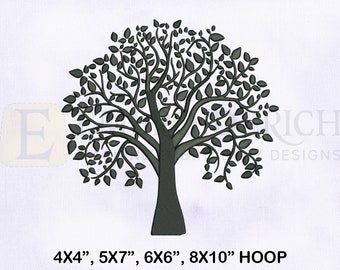 May include: Black and white embroidery design of a tree with a large, leafy canopy. The design is suitable for 4x4, 5x7, 6x6, and 8x10 inch embroidery hoops.