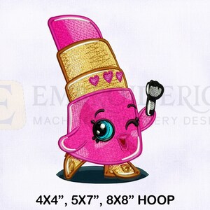 May include: Embroidered design of a pink lipstick character with a gold cap and a cute face. The character is holding a small makeup brush in its right hand. The design is suitable for a 4x4, 5x7, or 8x8 hoop.