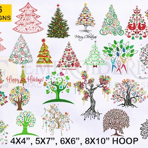 May include: 26 embroidery designs featuring Christmas trees and trees with colorful leaves. The designs are perfect for 4x4, 5x7, 6x6, and 8x10 inch embroidery hoops.