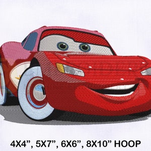 Puede incluir: Coche de carreras rojo de dibujos animados con una amplia sonrisa y neumáticos blancos. El coche tiene un parabrisas rosa y ojos grandes. 4x4", 5x7", 6x6", 8x10" HOOP