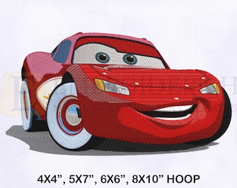 Pode incluir: Carro de corrida vermelho de desenho animado com um sorriso largo e pneus brancos. O carro tem um pára-brisas rosa e olhos grandes. 4x4", 5x7", 6x6", 8x10" HOOP