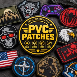 May include: A collection of various PVC patches featuring diverse designs including a skull with sunglasses, a wolf, a game controller, a spider, an eagle, a compass, an American flag, and a central circular patch labelled PREMIUM QUALITY PVC PATCHES.