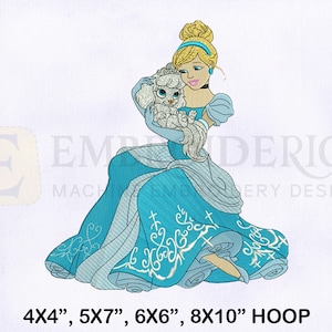 Princess Cinderella And Pets Embroidery Design, Princess Embroidery Design, Cinderella Machine Embroidery Design, 4 Sizes Embroidery Designs