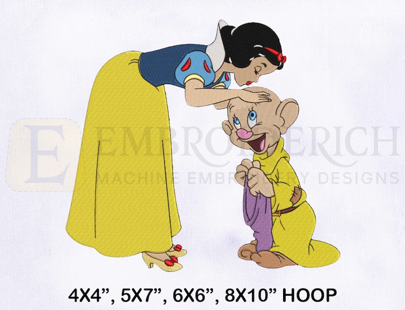 May include: Snow White, with a yellow dress and red bow, leans down to kiss a small, bald, yellow-clad dwarf with a purple robe. The dwarf is smiling and holding the robe in his hands. The text "4X4", "5X7", "6X6", "8X10" HOOP" is below the image.