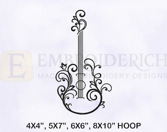 May include: Black and white line art embroidery design of a guitar with floral embellishments. The design is suitable for 4x4, 5x7, 6x6, and 8x10 inch embroidery hoops.
