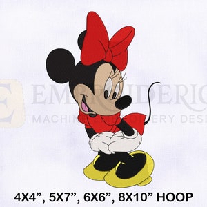 May include: A red and black cartoon mouse with a red bow, wearing yellow shoes. The mouse is smiling and looking to the right. The image includes the text "4X4", "5X7", "6X6", "8X10" HOOP".