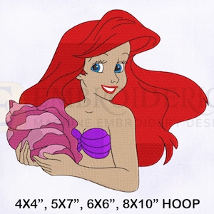Little Mermaid Ariel Holding Shell Embroidery Design, Ariel Holding Shell Embroidery Designs, Ariel Embroidery, 4 Sizes Embroidery Designs