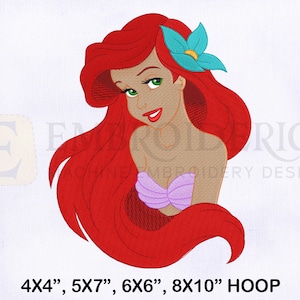 Ariel The Little Mermaid Embroidery Design, Mermaid Machine Embroidery Designs, Ariel Embroidery Designs, 4 Sizes Machine Embroidery Designs