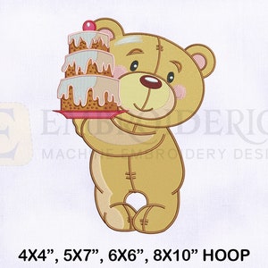 May include: A brown teddy bear holding a three-tiered cake with pink frosting and a red cherry on top. The cake is on a red plate. The bear is smiling and has pink cheeks. The text "4X4", "5X7", "6X6", "8X10" HOOP" is at the bottom of the image.