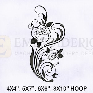 Silhouette Rose Vine Machine Embroidery Design, Outline Embroidery Designs, Rose Vine Embroidery Design, 4 Sizes Machine Embroidery Designs