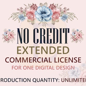 Può includere: Un design floreale rosa e blu con il testo "NO CREDIT EXTENDED COMMERCIAL LICENSE FOR ONE DIGITAL DESIGN PRODUCTION QUANTITY: UNLIMITED".