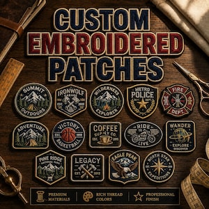 May include: A collection of custom embroidered patches featuring various designs including mountains, a basketball, a coffee cup, a motorcycle, a globe, and an eagle. The text CUSTOM EMBROIDERY PATCHES is displayed above the patches.