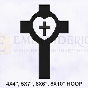May include: Black and white embroidery design of a cross with a heart shape around it. The heart has a smaller cross inside. The design is suitable for 4x4, 5x7, 6x6, and 8x10 inch embroidery hoops.