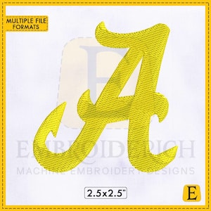 May include: A yellow embroidered letter "A" on a white background. The design is 2.5 x 2.5 inches. The image includes the text "MULTIPLE FILE FORMATS" and "EMBROIDRICH MACHINE EMBROIDERY DESIGNS".