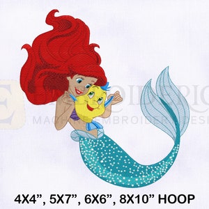 Ariel With Flounder Machine Embroidery Design, Ariel Embroidery Design, Flounder Embroidery Design, 4 Sizes Little Mermaid Embroidery Design