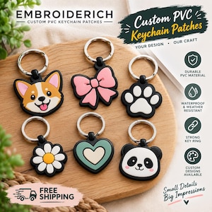 May include: Six custom PVC keychain patches featuring various shapes including a corgi face, a pink bow, a white paw print, a daisy flower, a heart, and a panda face. Each patch is attached to a silver metal key ring for functional use.