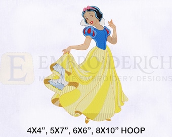 May include: Snow White, a Disney princess, is depicted in an embroidered design. She is wearing a yellow and white striped dress with a blue bodice and a red bow in her hair. The design is available in multiple sizes, including 4x4 inches, 5x7 inches, 6x6 inches, and 8x10 inches.